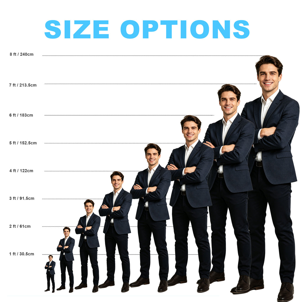 1:1 Life Size Human Cutout Standee, HD Print Full Body Figure Display Stand with Back Support for Trade Show, Fan Event, Store Theme Decoration